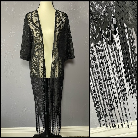 SHEIN Tops - Black Lace With Fringe Kimono Size 6